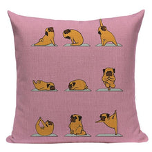 Load image into Gallery viewer, Image of yoga pug cushion cover in pink background