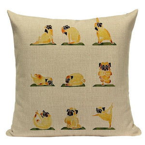 Image of yoga pug cushion cover in cream background