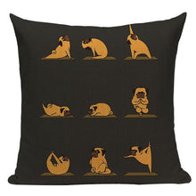 Load image into Gallery viewer, Image of yoga pug cushion cover in dark brown background