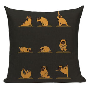 Image of yoga pug cushion cover in dark brown background
