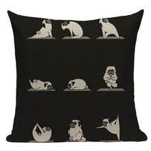 Load image into Gallery viewer, Image of yoga pug cushion cover in black background