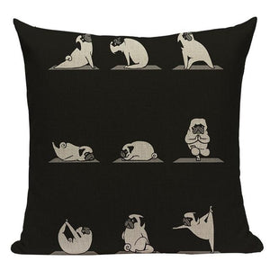 Image of yoga pug cushion cover in black background