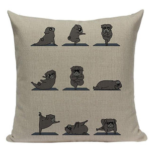 Image of yoga pug cushion cover in black background