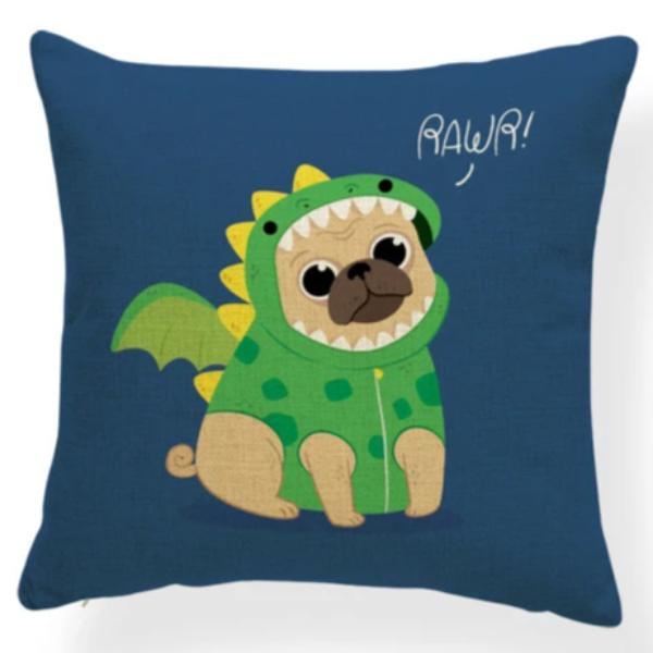 Image of pug cushion cover in the cutest fawn Pug wearing a green dragon suit with scales, on a blue backgroun