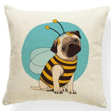 Load image into Gallery viewer, Image of pug cushion cover in the cutest fawn Pug wearing a black and yellow bumble bee suit on an off-white background
