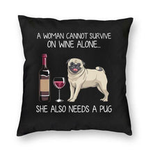 Load image into Gallery viewer, Wine and Pug Mom Love Cushion Cover-Home Decor-Cushion Cover, Dogs, Home Decor, Pug-2