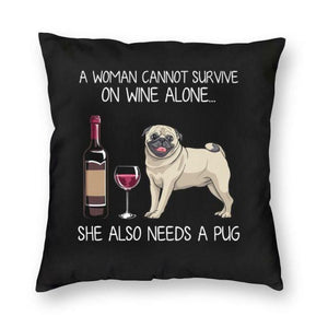 Wine and Pug Mom Love Cushion Cover-Home Decor-Cushion Cover, Dogs, Home Decor, Pug-2