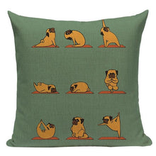 Load image into Gallery viewer, Image of yoga pug cushion cover in green background