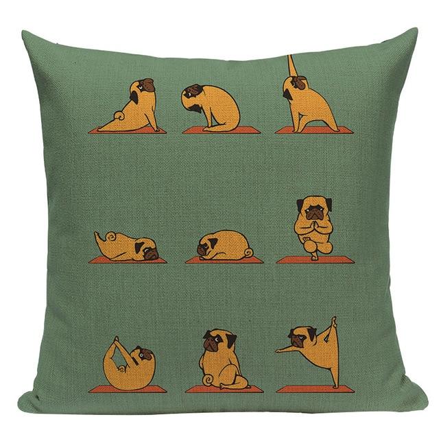 Image of yoga pug cushion cover in green background