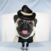 Load image into Gallery viewer, Image of wearable pug fleece blanket in pug with hat on top and bow tie design