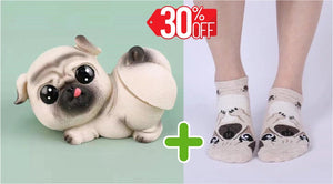Image of pug gifts bundle with bobble butt pug bobblehead and pug socks