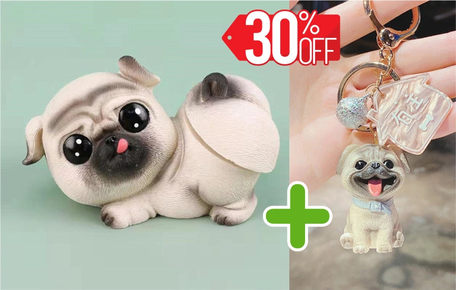 Image of pug gifts bundle with bobble butt pug bobblehead and pug keychain
