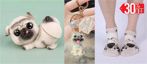 Image of pug gifts bundle with bobble butt pug bobblehead, pug socks, and pug keychain