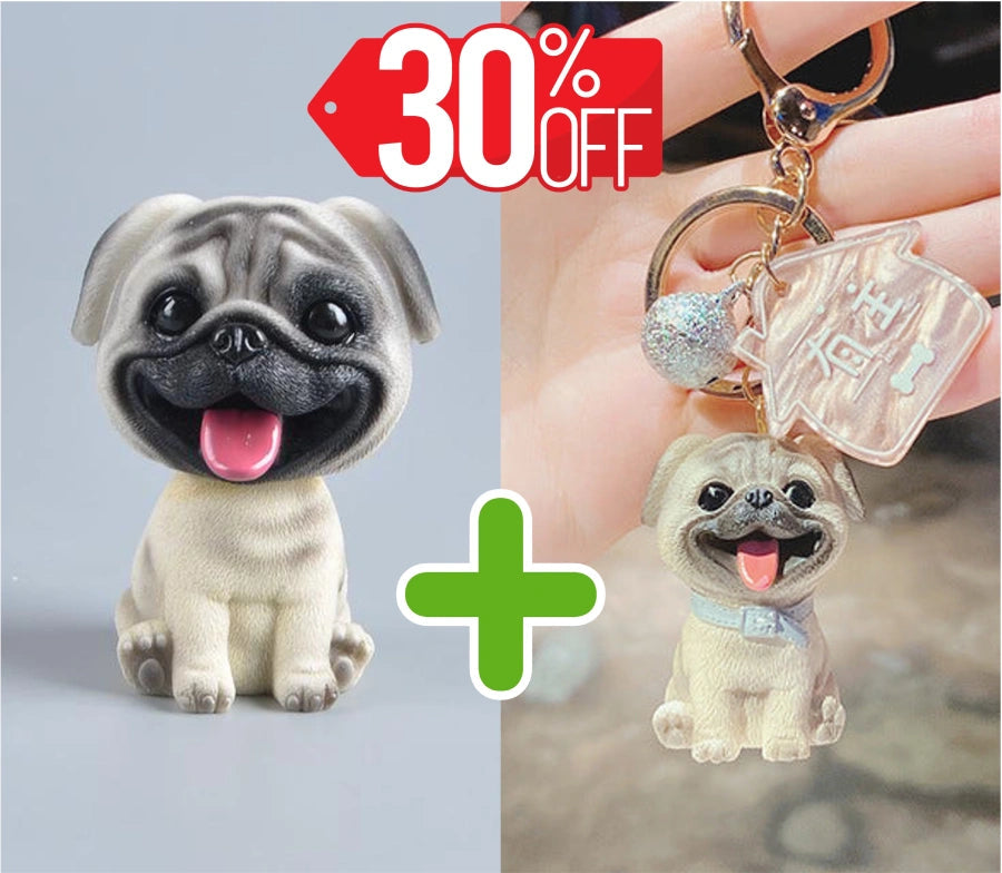 Image of pug gifts bundle with smiling pug bobblehead and pug keychain