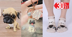 Image of pug gifts bundle with sitting pug bobblehead, pug socks, and pug keychain