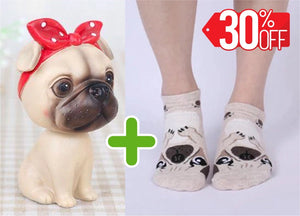 Image of pug gifts bundle with nodding she pug bobblehead and pug socks