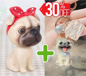 Image of pug gifts bundle with nodding she  pug bobblehead and pug keychain