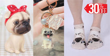 Load image into Gallery viewer, Image of pug gifts bundle with nodding she pug bobblehead, pug socks, and pug keychain