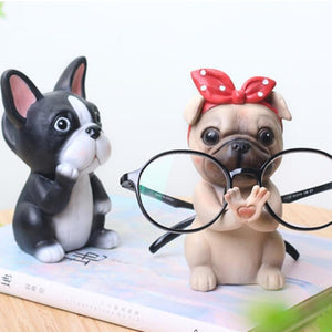 Image a super cute Pug glasses holder in a She Pug wearing a red bow headscarf
