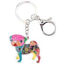 Load image into Gallery viewer, Image of a enamel Pug keychain in the color multicolor