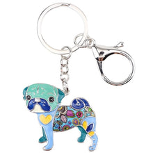 Load image into Gallery viewer, Image of a enamel Pug keychain in the color blue