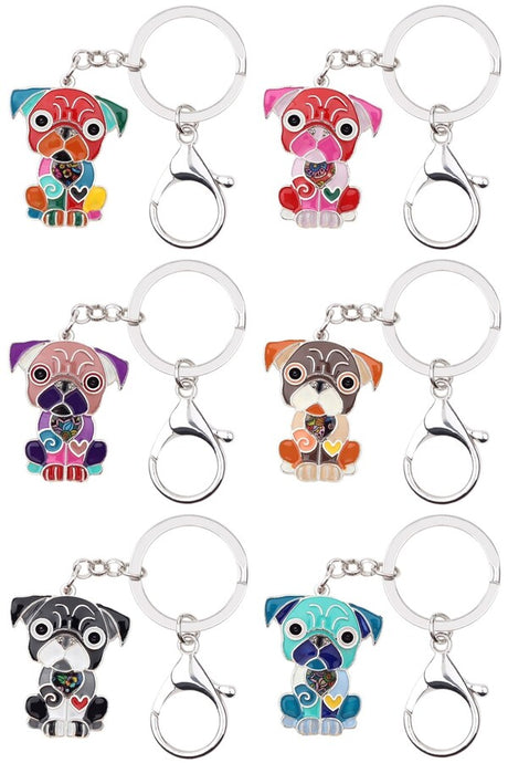 Image of Pug keychains made of enamel in six different colors
