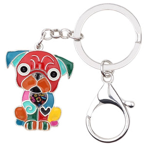 Image of a sitting multicolor Pug keychain made of enamel