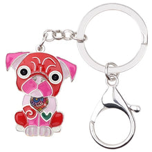 Load image into Gallery viewer, Image of a sitting red-pink Pug keychain made of enamel
