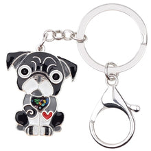 Load image into Gallery viewer, Image of a sitting grey Pug keychain made of enamel