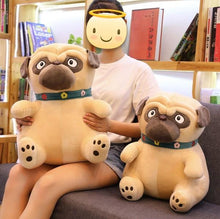 Load image into Gallery viewer, Image of a girl sitting on a couch with two Pug stuffed animals soft toys