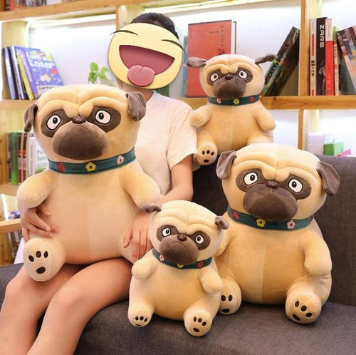 Image of a girl sitting on a couch with four different size Pug stuffed animals soft toys