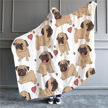 Load image into Gallery viewer, Image of wearable pug blanket in pug with hearts design