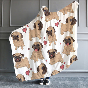 Image of wearable pug blanket in pug with hearts design