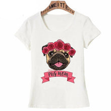 Load image into Gallery viewer, Image of pug mom t-shirt in the cutest fawn girl Pug wearing a tiara with pink roses