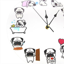 Load image into Gallery viewer, Close image of Pug wall clock with 12 cutest Pug designs