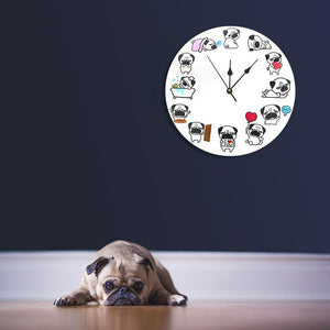 Image of Pug clock on the wall with 12 cutest Pug designs
