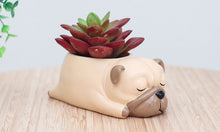 Load image into Gallery viewer, Side image of the collage of Pug planter in sleeping Pug design