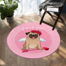 Load image into Gallery viewer, Image of pug rug on the wooden floor in the cutest cupid Pug design