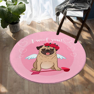 Image of pug rug on the wooden floor in the cutest cupid Pug design
