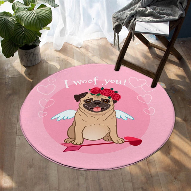 Image of pug rug in the cutest cupid Pug with the text 'I woof you'