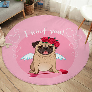 Image of pug rug on the wooden floor in the cutest cupid Pug with the text 'I wooof you'
