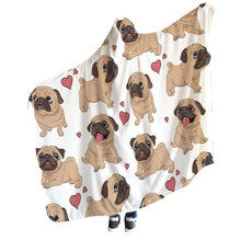 Load image into Gallery viewer, Image of pug sherpa blanket in pug with hearts design