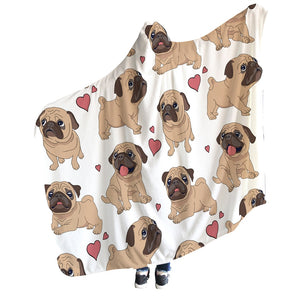 Image of pug sherpa blanket in pug with hearts design