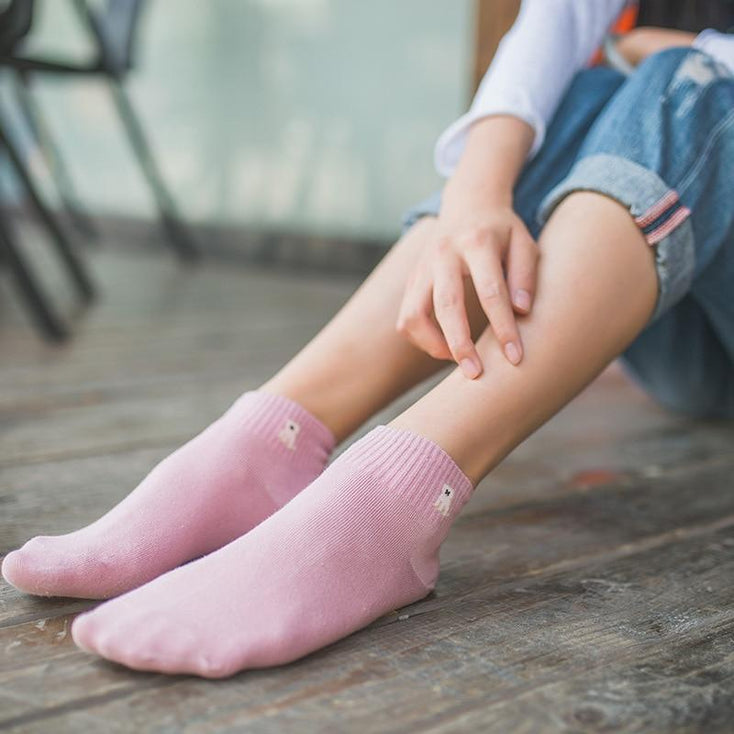 Image of a lady wearing ankle length pug socks