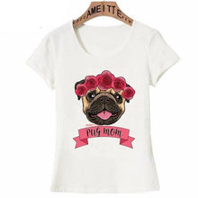 Load image into Gallery viewer, Image of pug t-shirt in the cutest fawn girl Pug wearing a tiara with pink roses