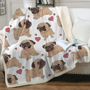 Image of a beautiful Pug throw blanket in pugs with hearts design