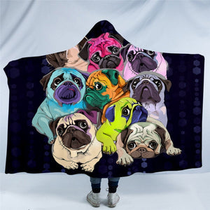 Image of wearable pug throw blanket in multicolor pugs design