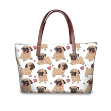 Load image into Gallery viewer, Image of pug tote bag in pug with hearts design on white background