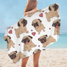 Load image into Gallery viewer, Image of a lady flaunting pug towel in the color white standing on the beach