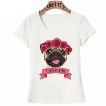 Load image into Gallery viewer, Image of pug tshirt in the cutest fawn girl Pug wearing a tiara with pink roses